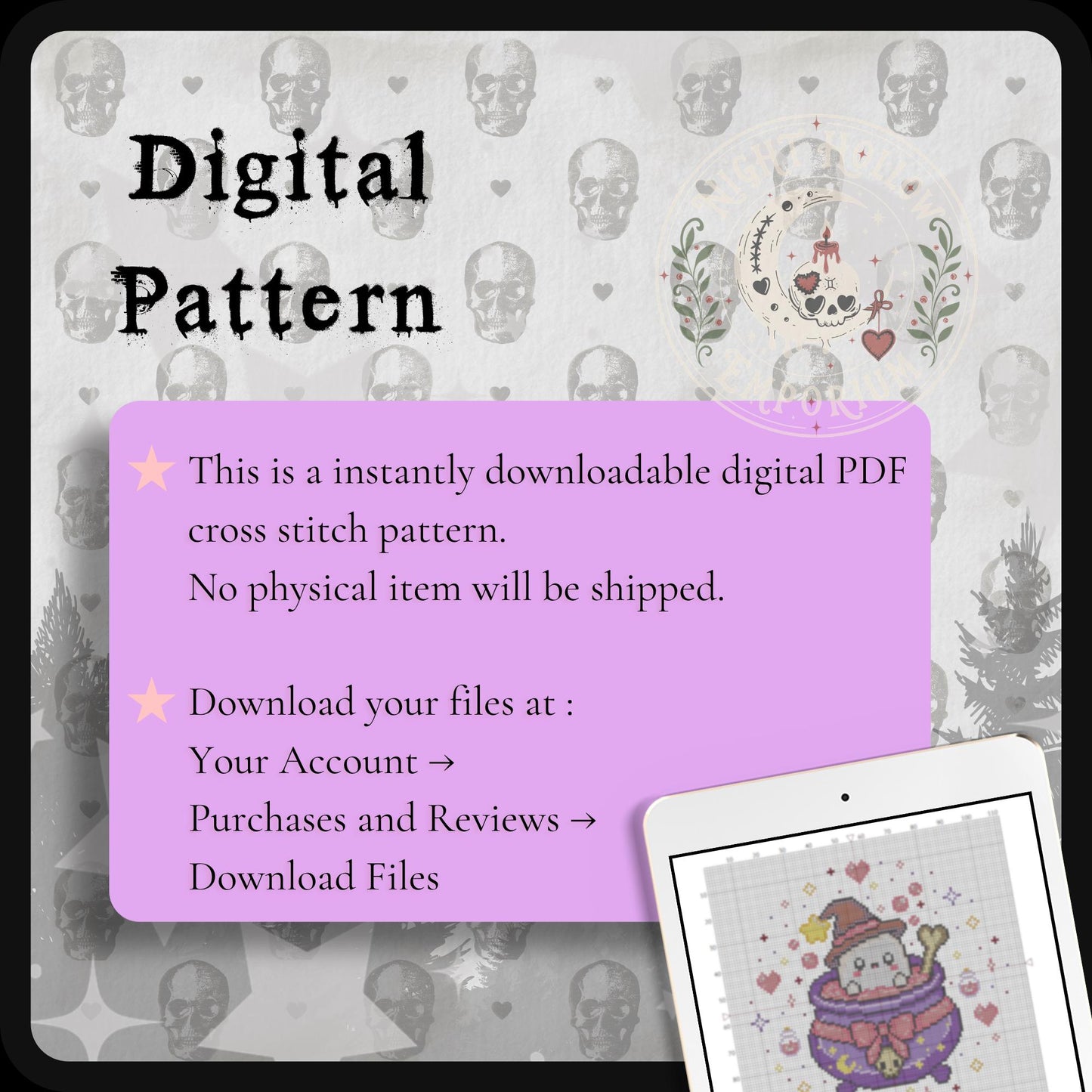 Ghosty Witch Cauldron | Ghost Witch Cross Stitch Pattern | Kawaii Halloween Embroidery | PDF (Instant Download)