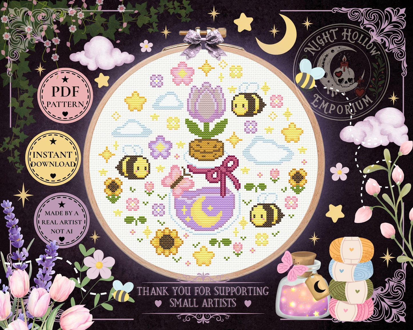 Moon Petal Meadow Cross Stitch Pattern PDF