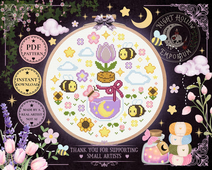 Moon Petal Meadow Cross Stitch Pattern PDF