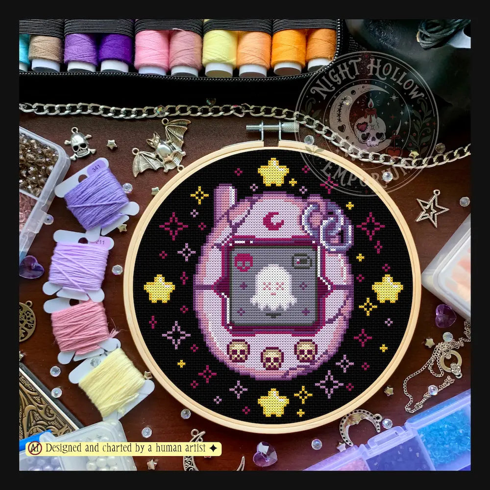 Lost Soul Tamagotchi | Gothic VirtualPet Cross Stitch Pattern | Kawaii Horror Embroidery | PDF (Instant Download)
