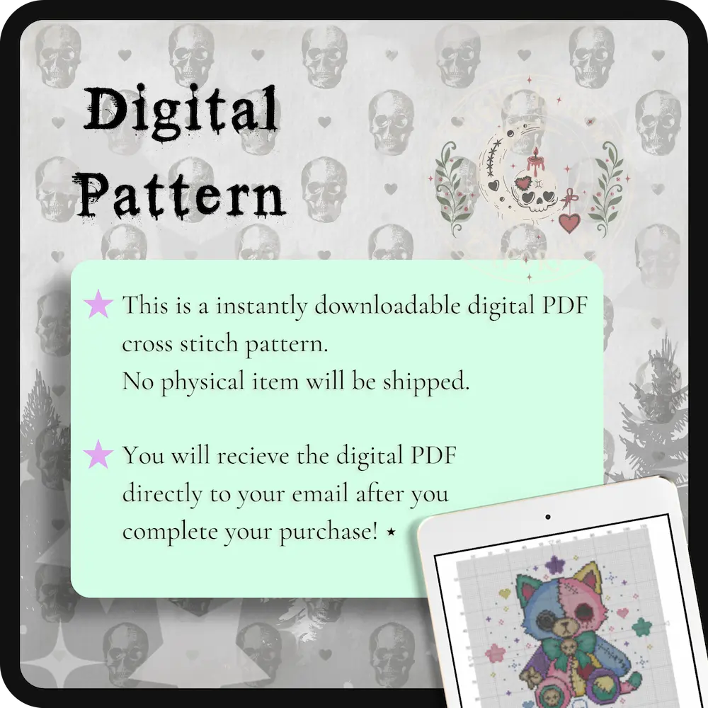 Mochi KittyCat | GothicKawaii Plush Animal Cross Stitch Pattern | Macabre Cat Embroidery | PDF (Instant Download)