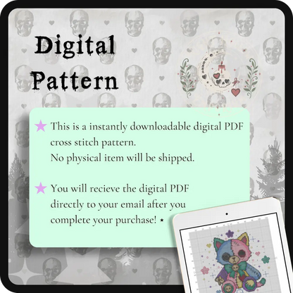 Mochi KittyCat | GothicKawaii Plush Animal Cross Stitch Pattern | Macabre Cat Embroidery | PDF (Instant Download)