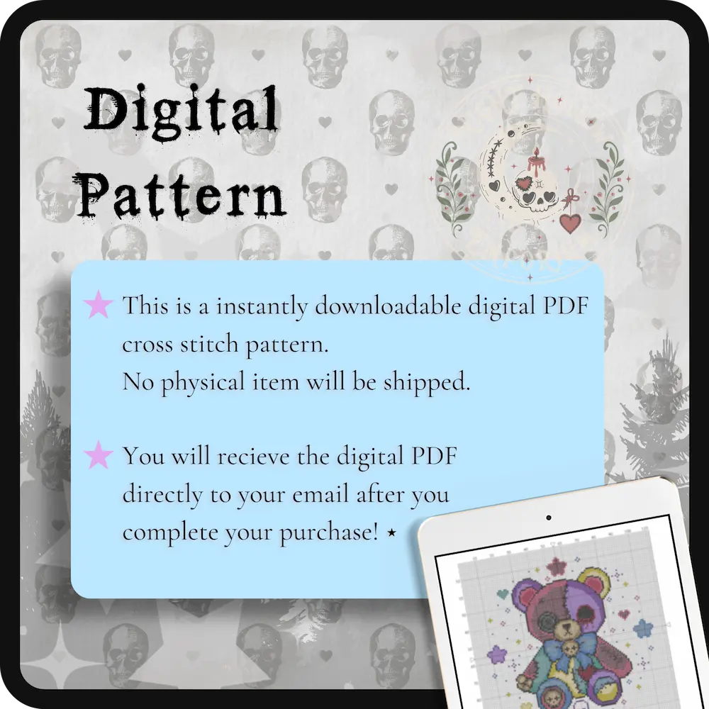 Starberry Bear | GothicKawaii Plush Animal Cross Stitch Pattern | Macabre Bear Embroidery | PDF (Instant Download)