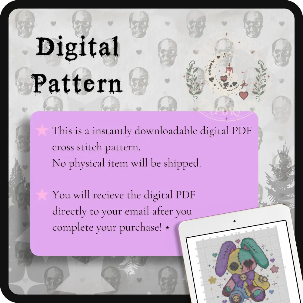 SuagrHop Bunny | GothicKawaii Plush Animal Cross Stitch Pattern | Macabre Bunny Embroidery | PDF (Instant Download)