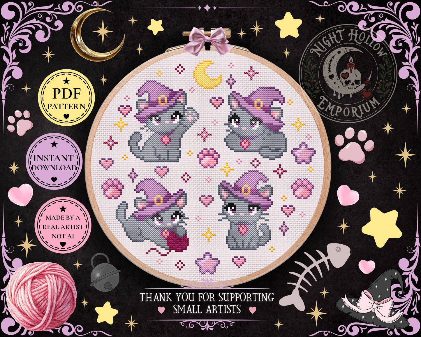 Witchy Kitty Cross Stitch Pattern PDF