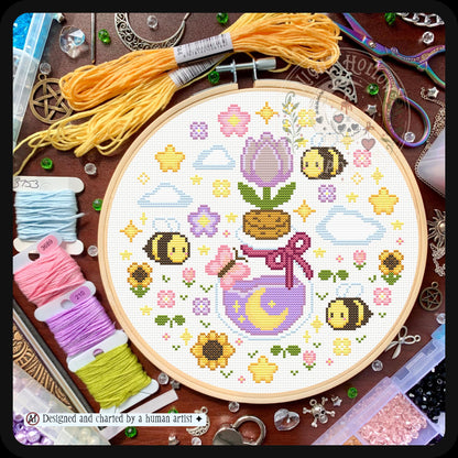 Moon Petal Meadow Cross Stitch Pattern PDF