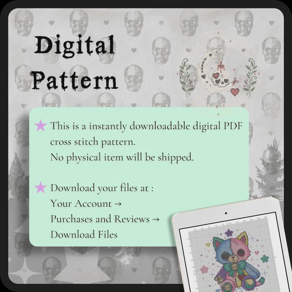 Mochi KittyCat | GothicKawaii Plush Animal Cross Stitch Pattern | Macabre Cat Embroidery | PDF (Instant Download)