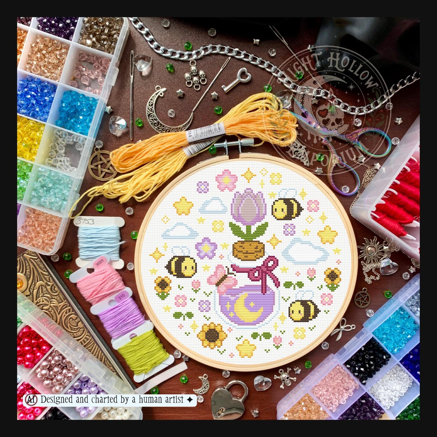 Moon Petal Meadow Cross Stitch Pattern PDF