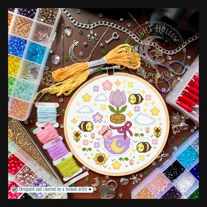 Moon Petal Meadow Cross Stitch Pattern PDF