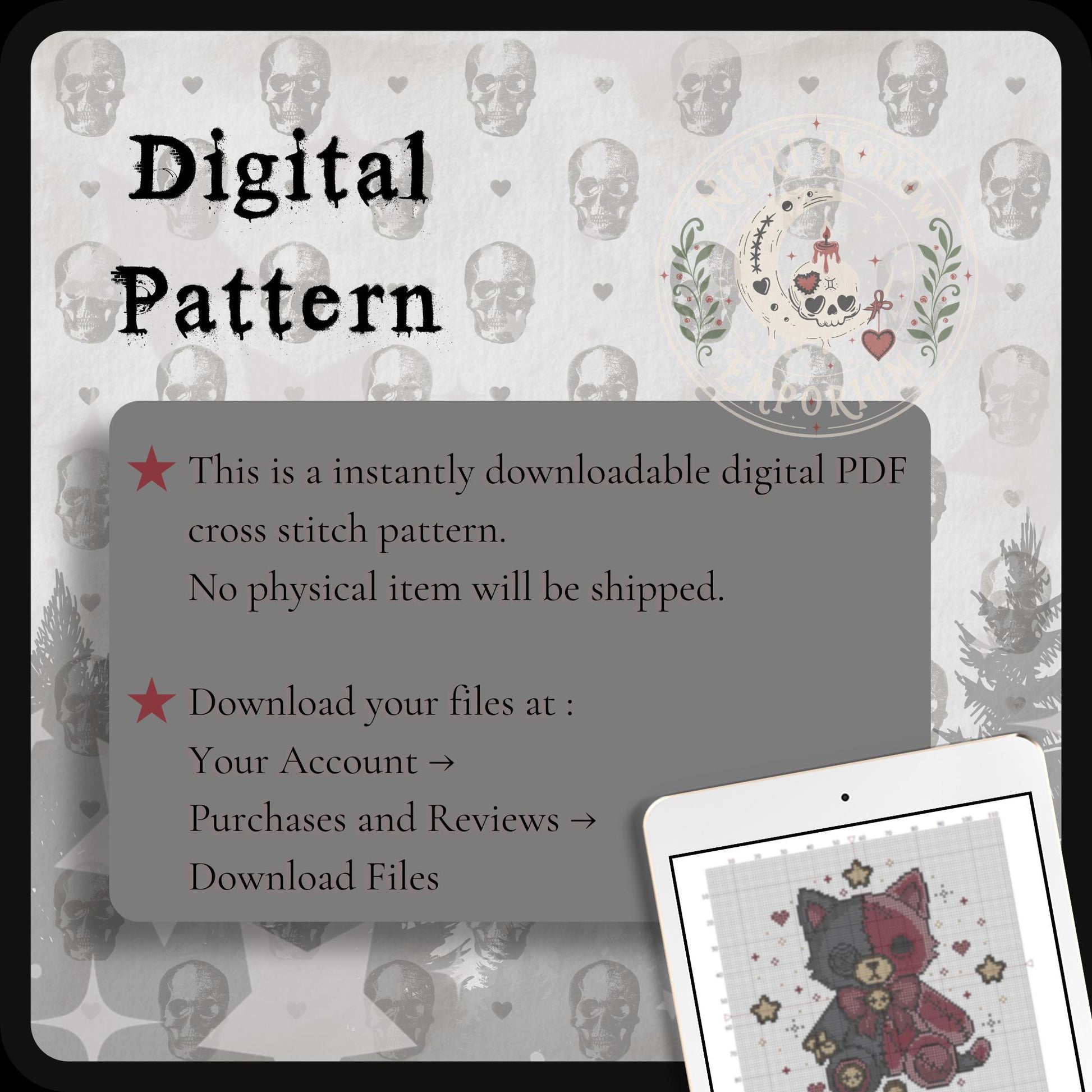 Hollow Fang Cat & Mochi Kitty Cross Stitch Pattern PDF | NIGHT HOLLOW STITCHLINGS COLLECTION