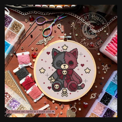 Hollow Fang Cat & Mochi Kitty Cross Stitch Pattern PDF | NIGHT HOLLOW STITCHLINGS COLLECTION