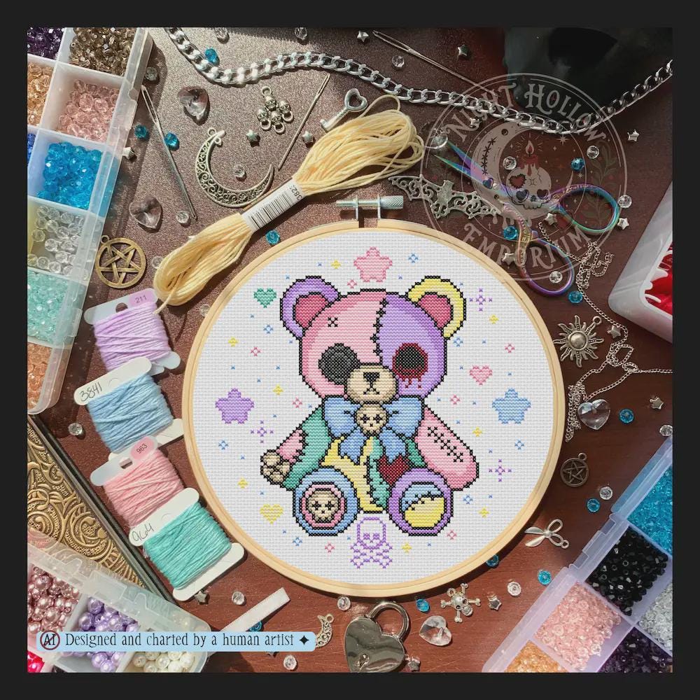 Starberry Bear | GothicKawaii Plush Animal Cross Stitch Pattern | Macabre Bear Embroidery | PDF (Instant Download)