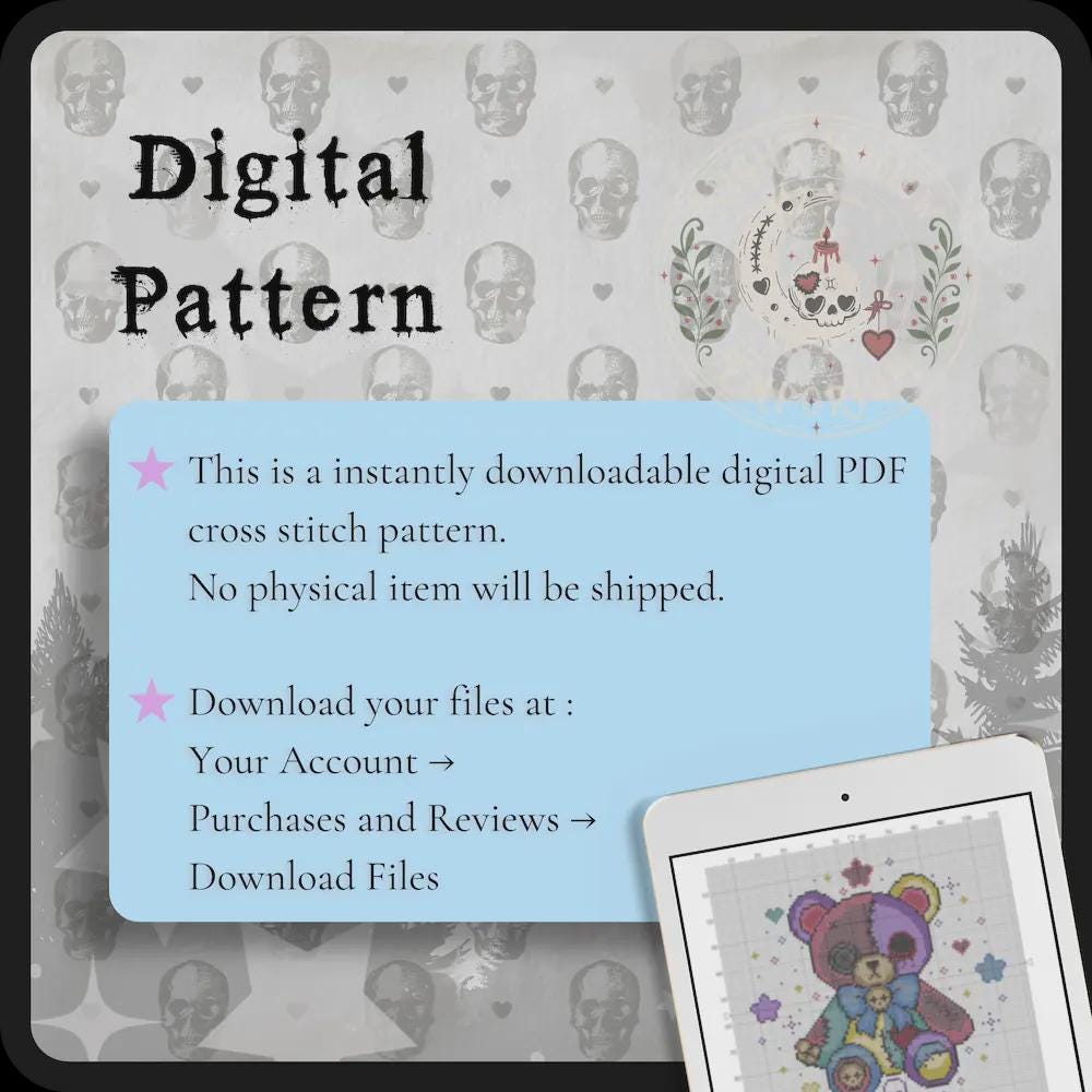 Starberry Bear | GothicKawaii Plush Animal Cross Stitch Pattern | Macabre Bear Embroidery | PDF (Instant Download)