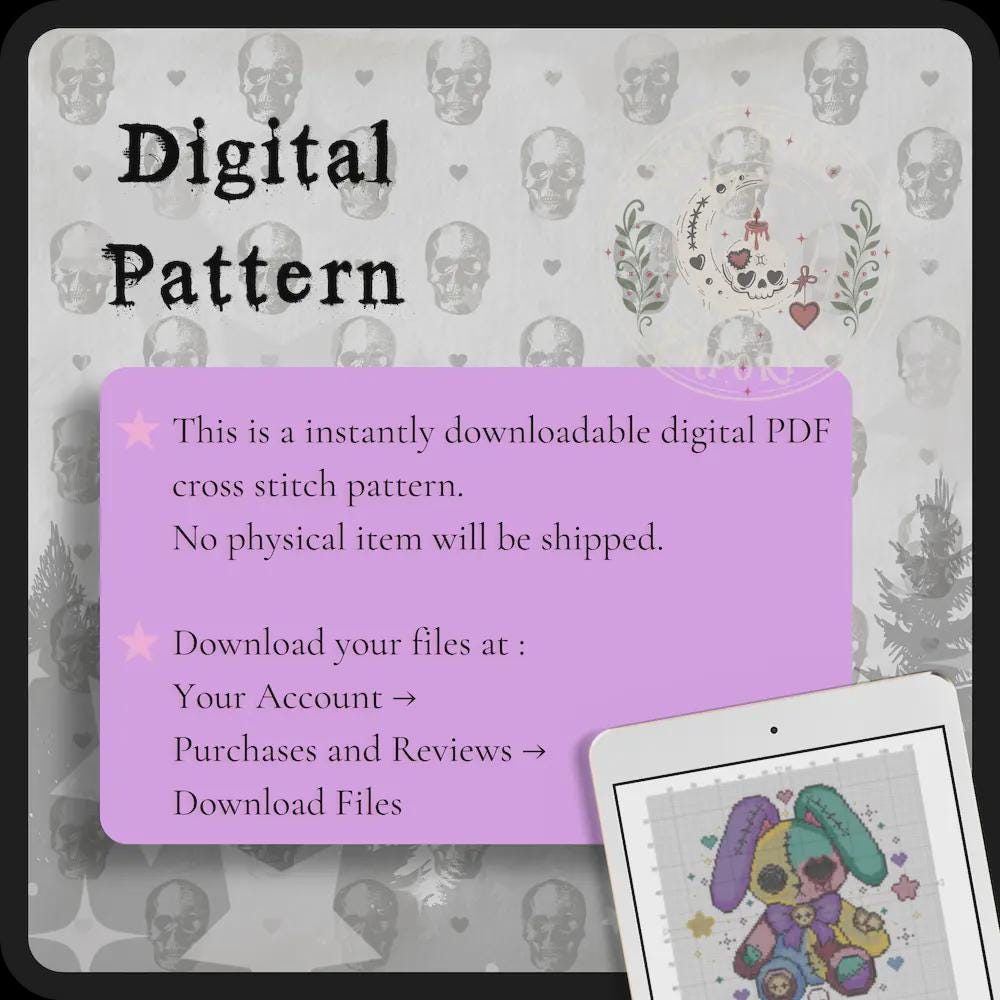 SuagrHop Bunny | GothicKawaii Plush Animal Cross Stitch Pattern | Macabre Bunny Embroidery | PDF (Instant Download)