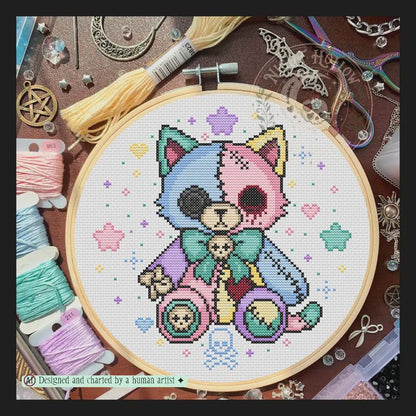 Mochi KittyCat | GothicKawaii Plush Animal Cross Stitch Pattern | Macabre Cat Embroidery | PDF (Instant Download)