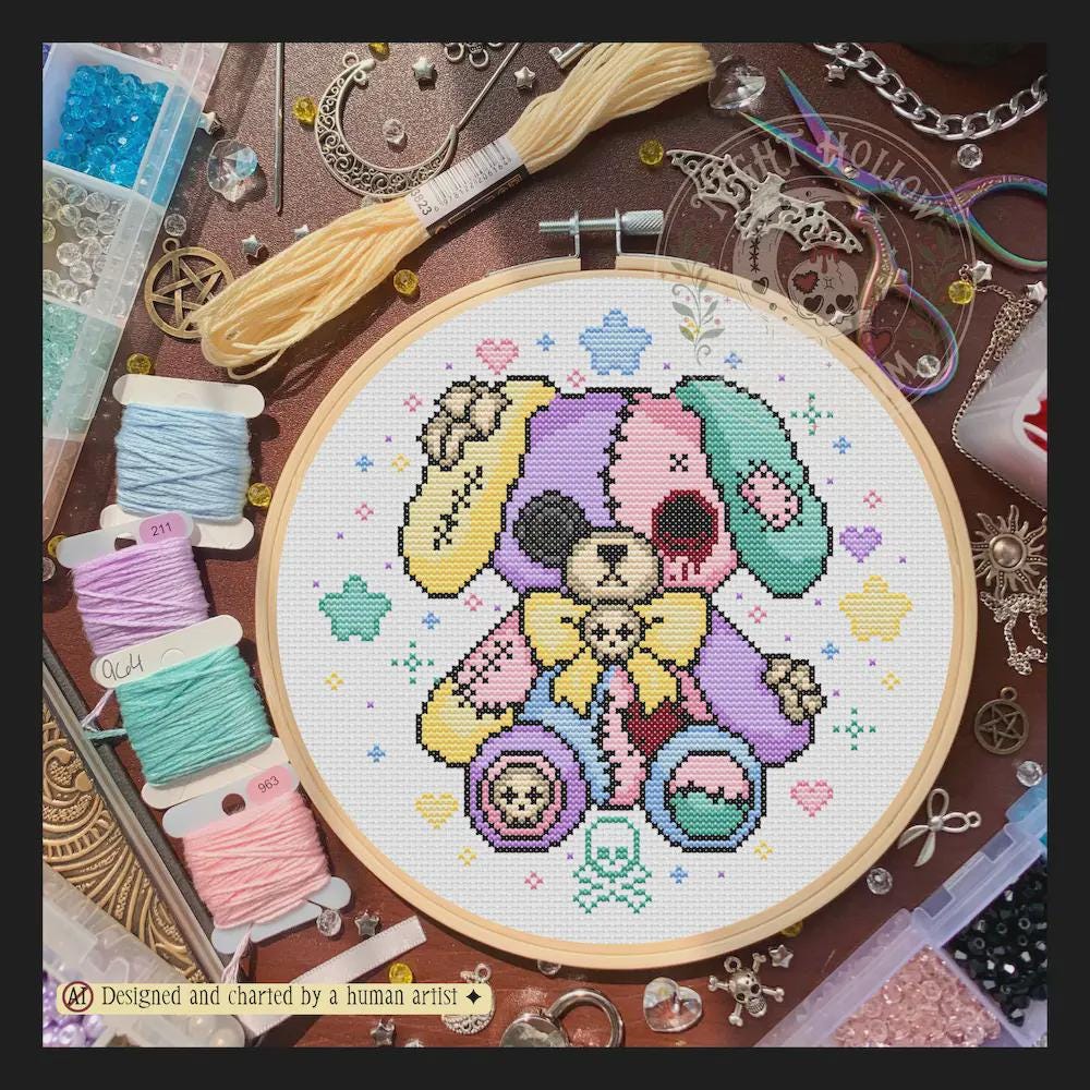 CottonPaw Puppy | GothicKawaii Plush Animal Cross Stitch Pattern | Macabre Dog Embroidery | PDF ( Instant Download)