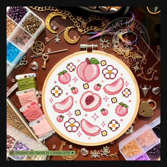 Peach Blossom Dream | Peach Cross Stitch Pattern | Kawaii Fruit Embroidery | PDF (Instant Download)