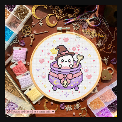 Ghosty Witch Cauldron | Ghost Witch Cross Stitch Pattern | Kawaii Halloween Embroidery | PDF (Instant Download)